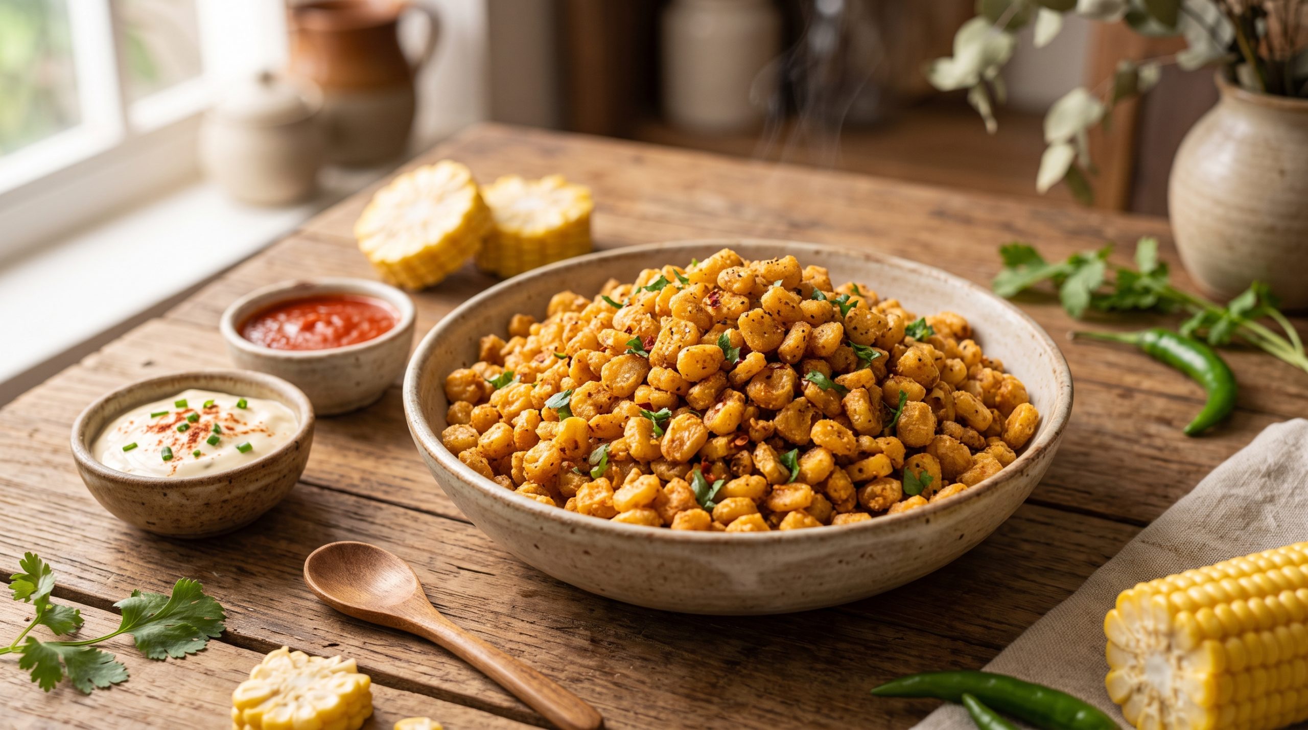 Crispy Corn Fry KFC Style served with dipping sauces and fresh coriander