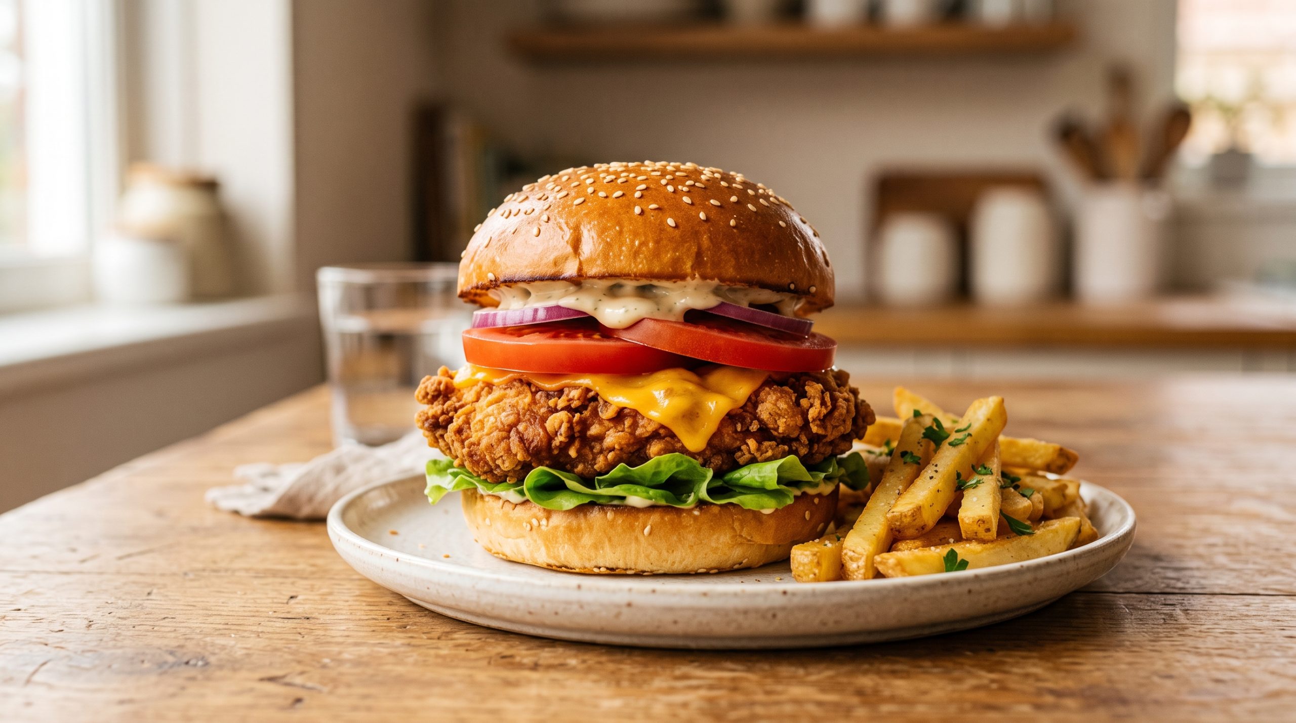 Crispy chicken burger served on a plate