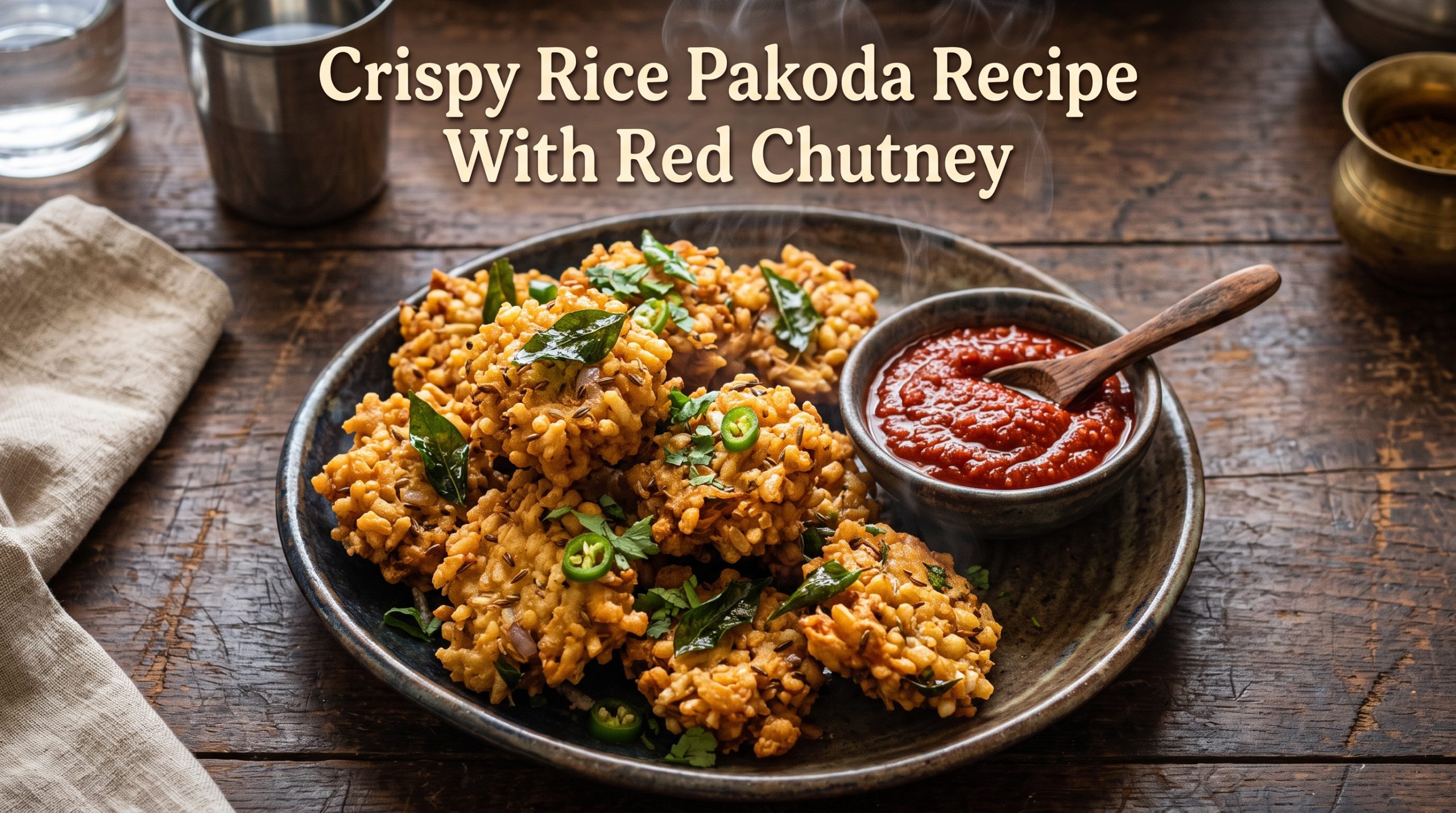 Crispy rice pakoda made with rice flour, gram flour, and spices, served with a tangy red chutney. A crunchy Indian tea-time snack ready in 30 minutes.