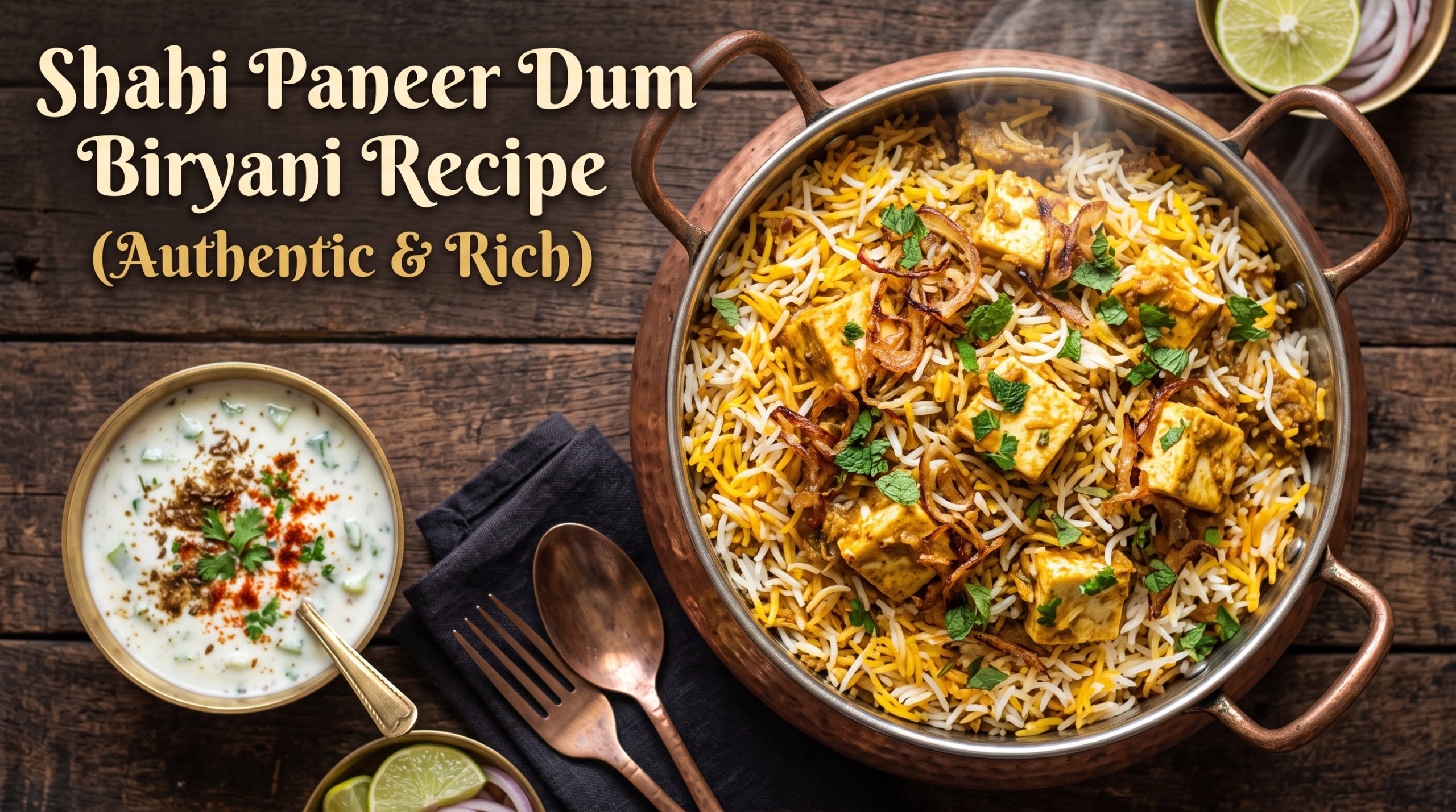 Shahi paneer dum biryani with fragrant basmati rice, a rich cashew-cream paneer masala, and saffron, slow-cooked on dum. A royal vegetarian biryani.
