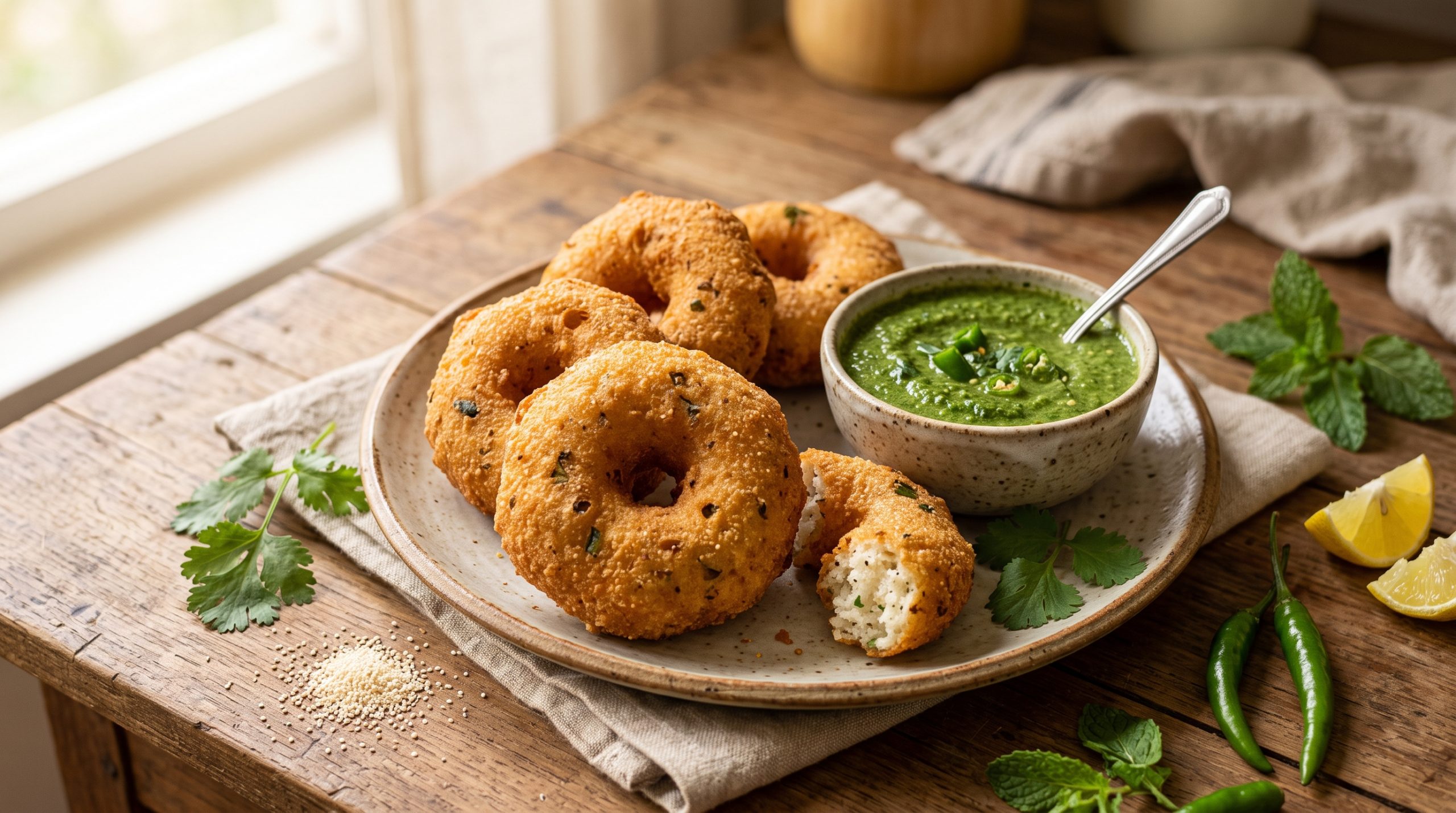 Crispy Suji Medu Vada served with fresh green chutney
