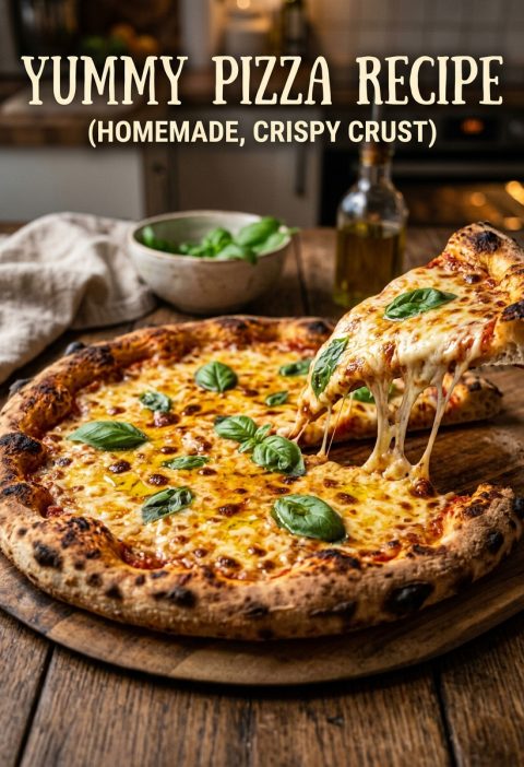 Yummy pizza recipe with a crispy homemade crust, rich tomato sauce, and gooey melted cheese, baked until golden. Better than takeout, ready in under an hour.