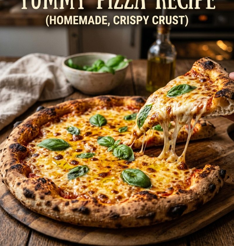 Yummy pizza recipe with a crispy homemade crust, rich tomato sauce, and gooey melted cheese, baked until golden. Better than takeout, ready in under an hour.