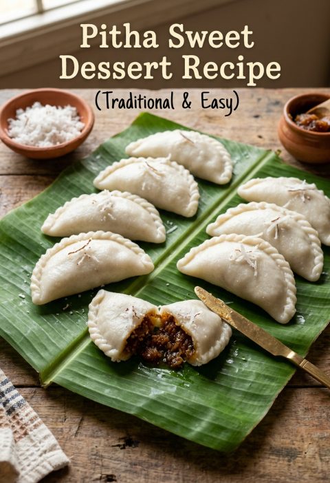 Pitha sweet dessert made with rice flour, coconut, and jaggery filling, steamed until soft. A traditional Indian festive dessert ready in 40 minutes.