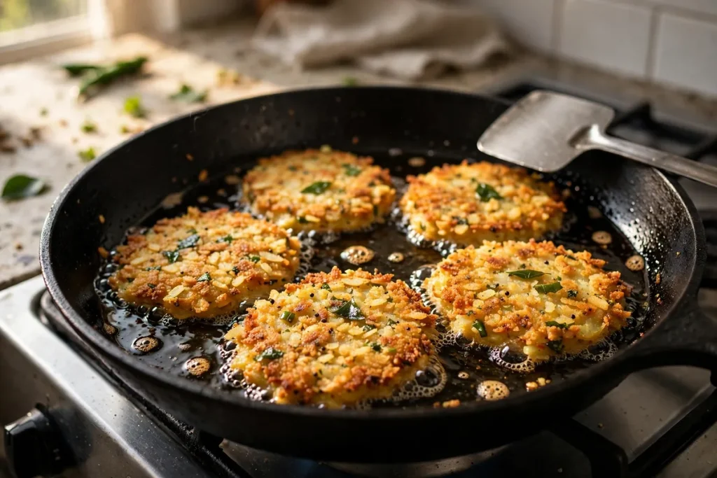 Aloo poha cutlets shallow frying until crisp in a cast iron pan