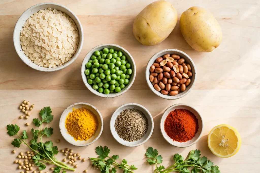 Aloo poha cutlet ingredients — poha flakes, potatoes, peas, peanuts, turmeric, cumin and chilli