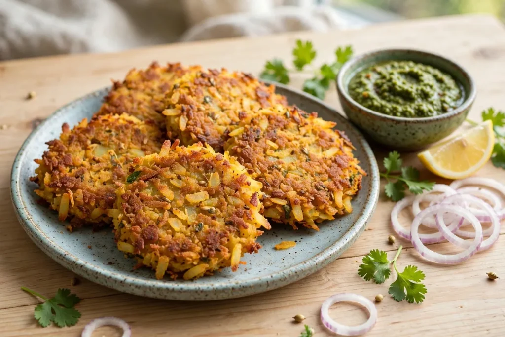 Crispy aloo poha cutlets served with green chutney, lemon and onion rings