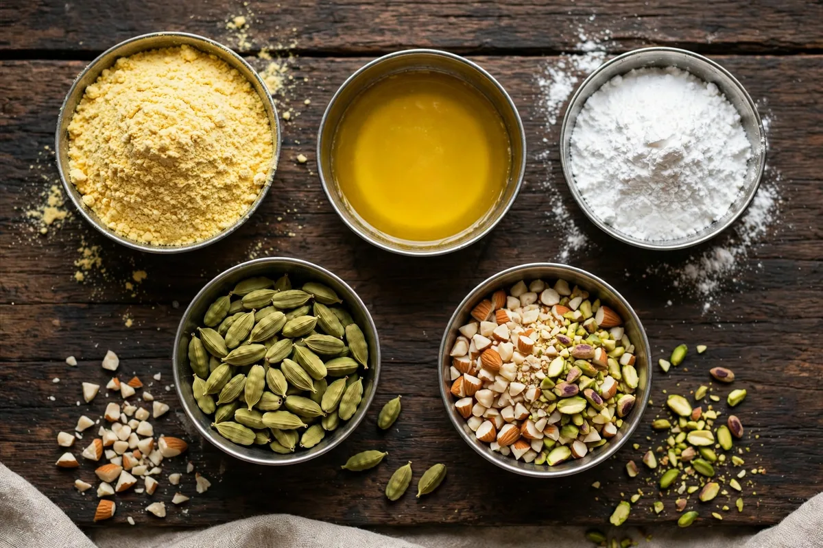 Besan ladoo ingredients — besan flour, ghee, powdered sugar, cardamom, almonds and pistachios
