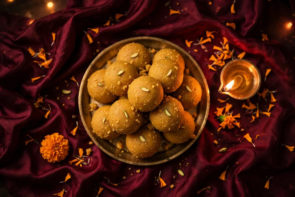 Besan ladoo recipe — golden gram flour ladoos on a brass plate with a Diwali diya