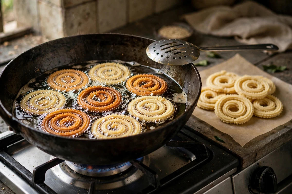 Chakli spirals frying in hot oil until golden and crisp