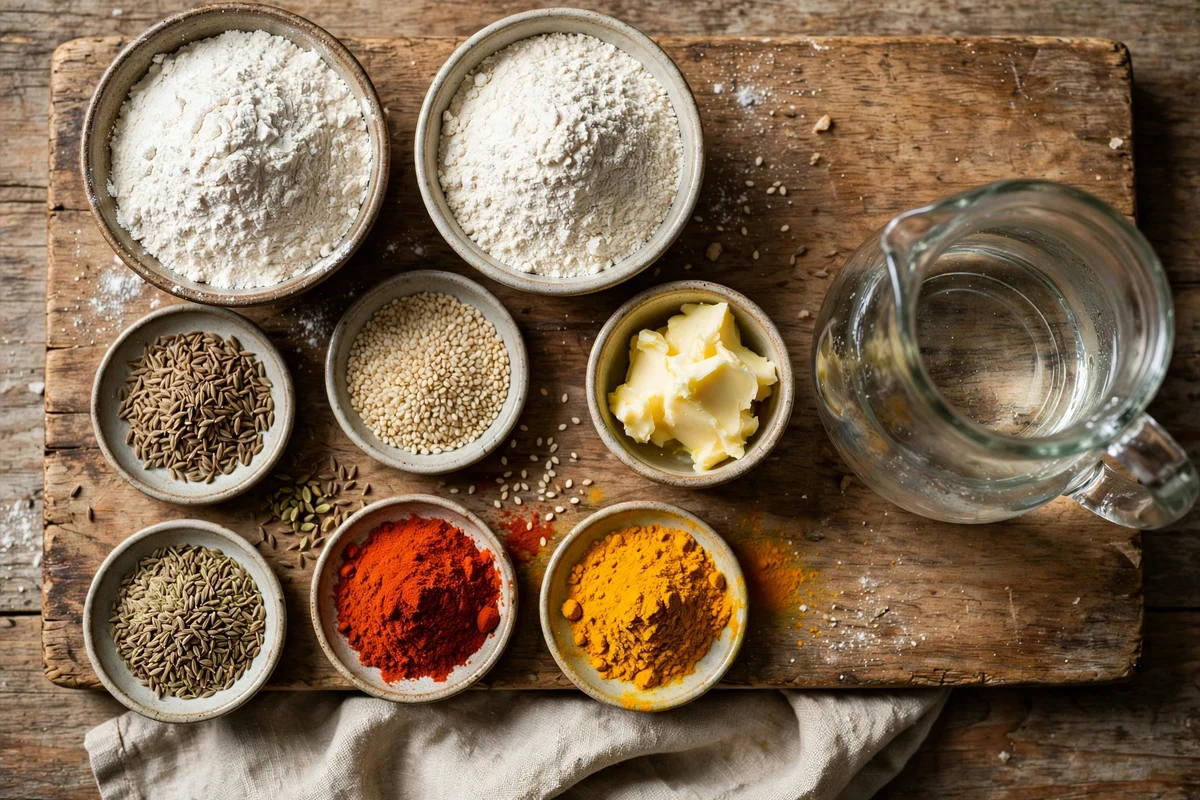 Chakli ingredients — rice flour, urad dal flour, butter and spices