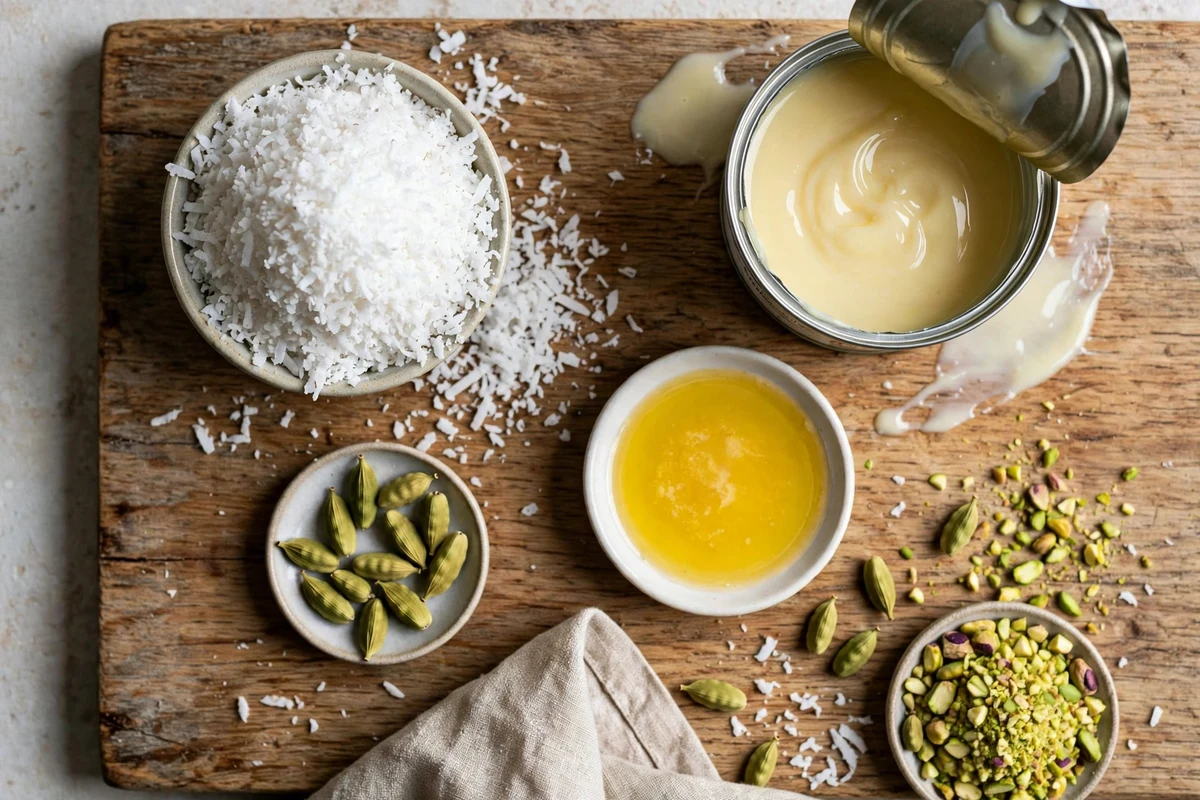 Coconut ladoo ingredients — desiccated coconut, condensed milk, cardamom and ghee