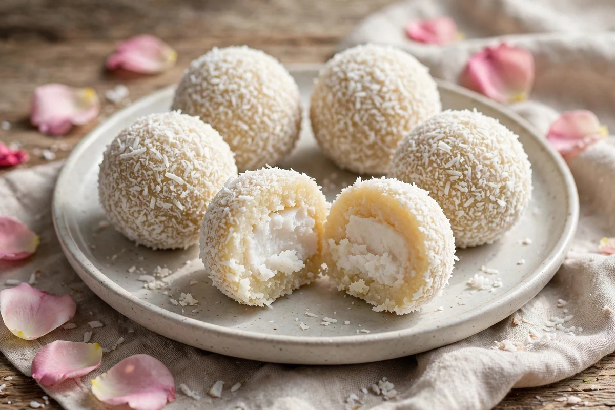Coconut ladoo cut open showing the soft white centre