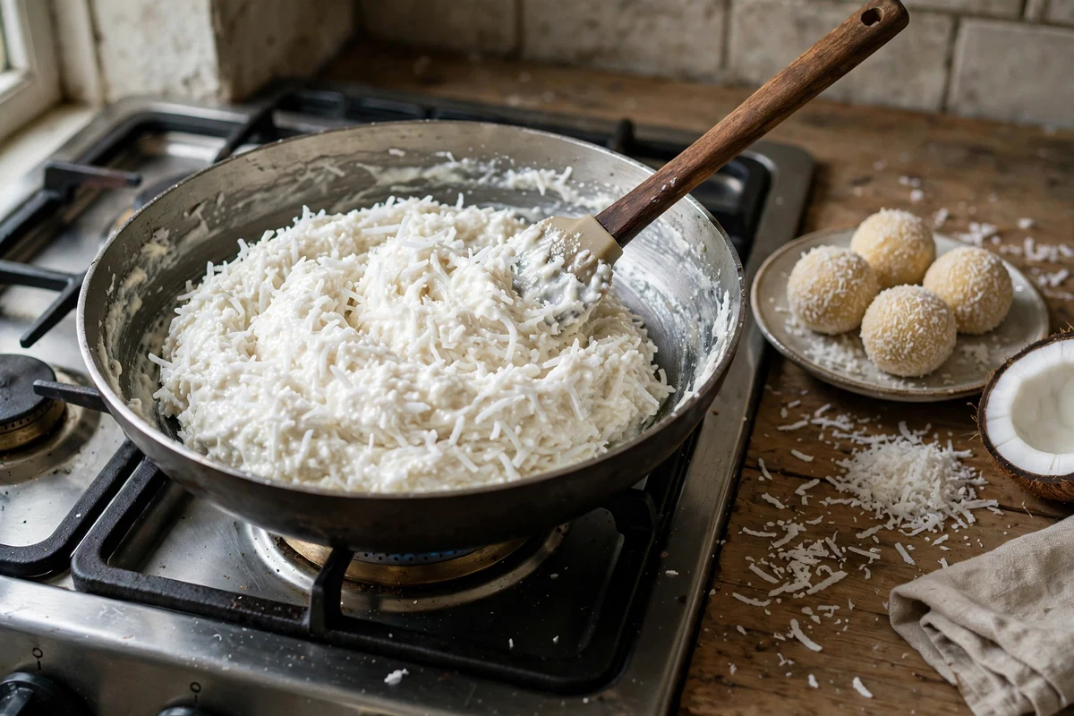 Coconut and condensed milk mixture cooking in a pan