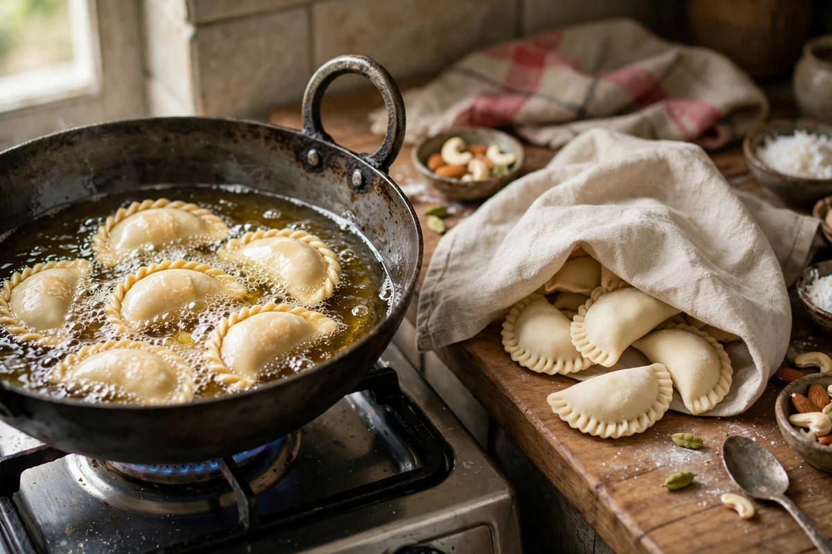 Gujiya frying gently in oil until golden
