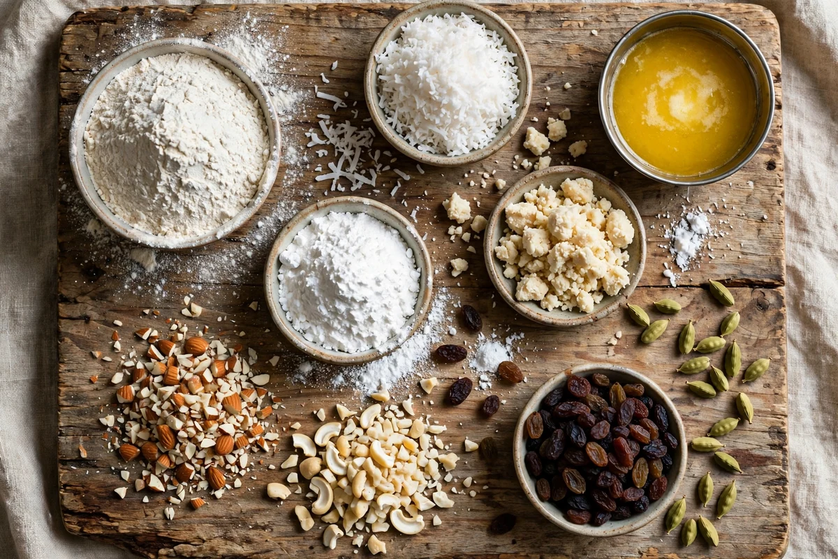 Gujiya ingredients — flour, ghee, khoya, coconut, nuts and cardamom