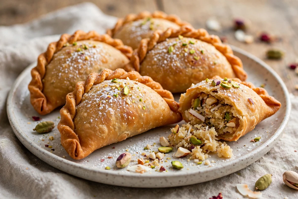 Gujiya broken open showing the khoya and coconut filling