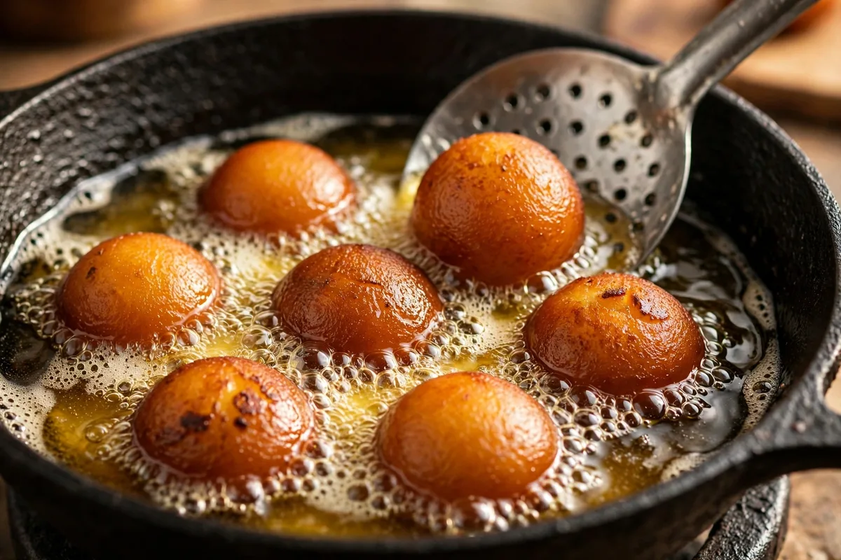 Gulab jamuns frying slowly in hot ghee until deep golden
