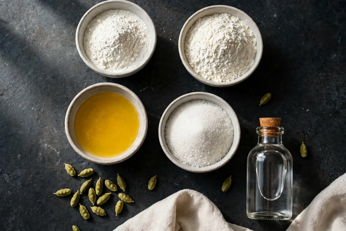 Ingredients for homemade gulab jamun: milk powder, flour, ghee, cardamom, sugar