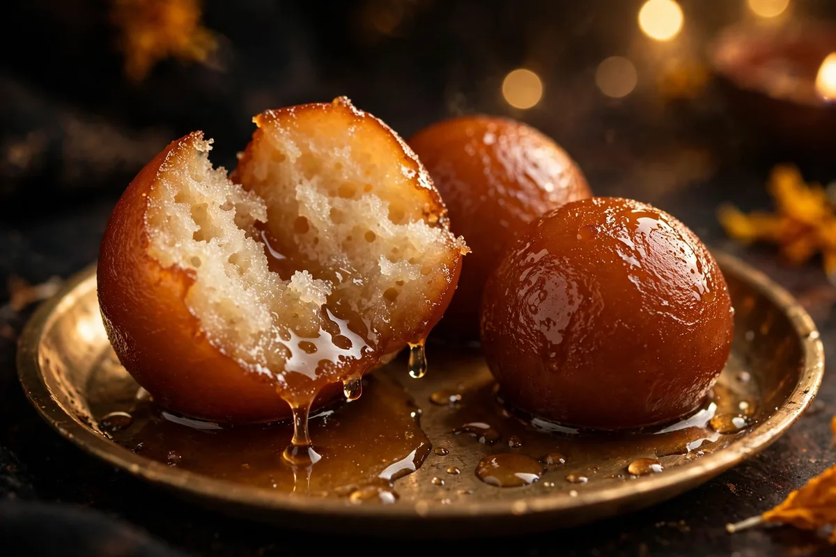 Broken gulab jamun showing the soft spongy syrup-soaked centre