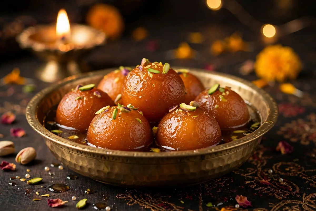 Soft gulab jamuns soaked in syrup, garnished with pistachios