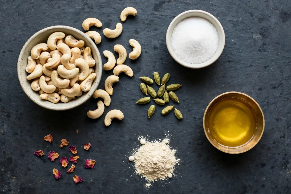 Kaju katli ingredients — raw cashews, sugar, cardamom pods, ghee and cashew powder