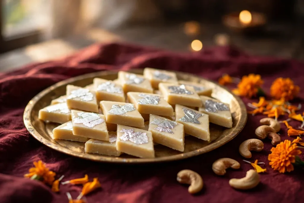 Kaju katli diamond-shaped cashew fudge with silver varq on a brass plate for Diwali