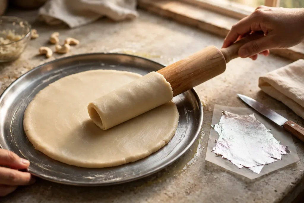 Rolling kaju katli cashew dough on a greased plate before cutting into diamonds