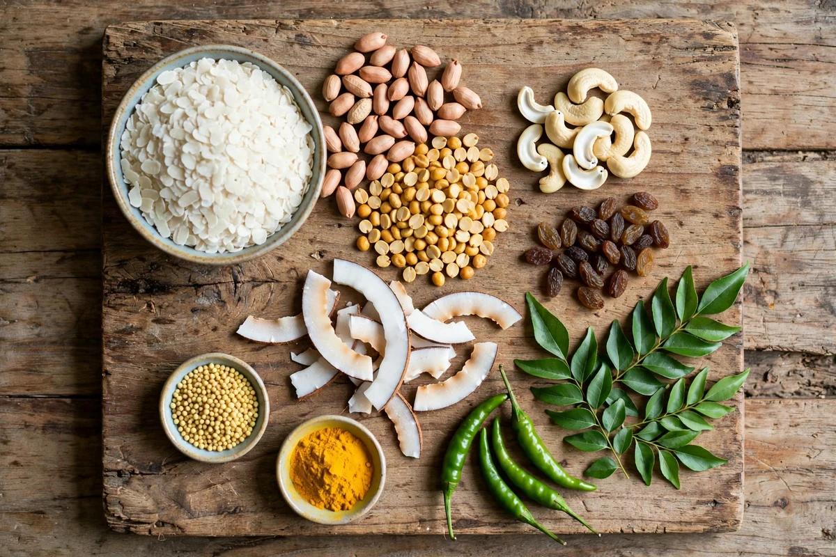 Poha chivda ingredients — thin poha, peanuts, chana dal, cashews and spices