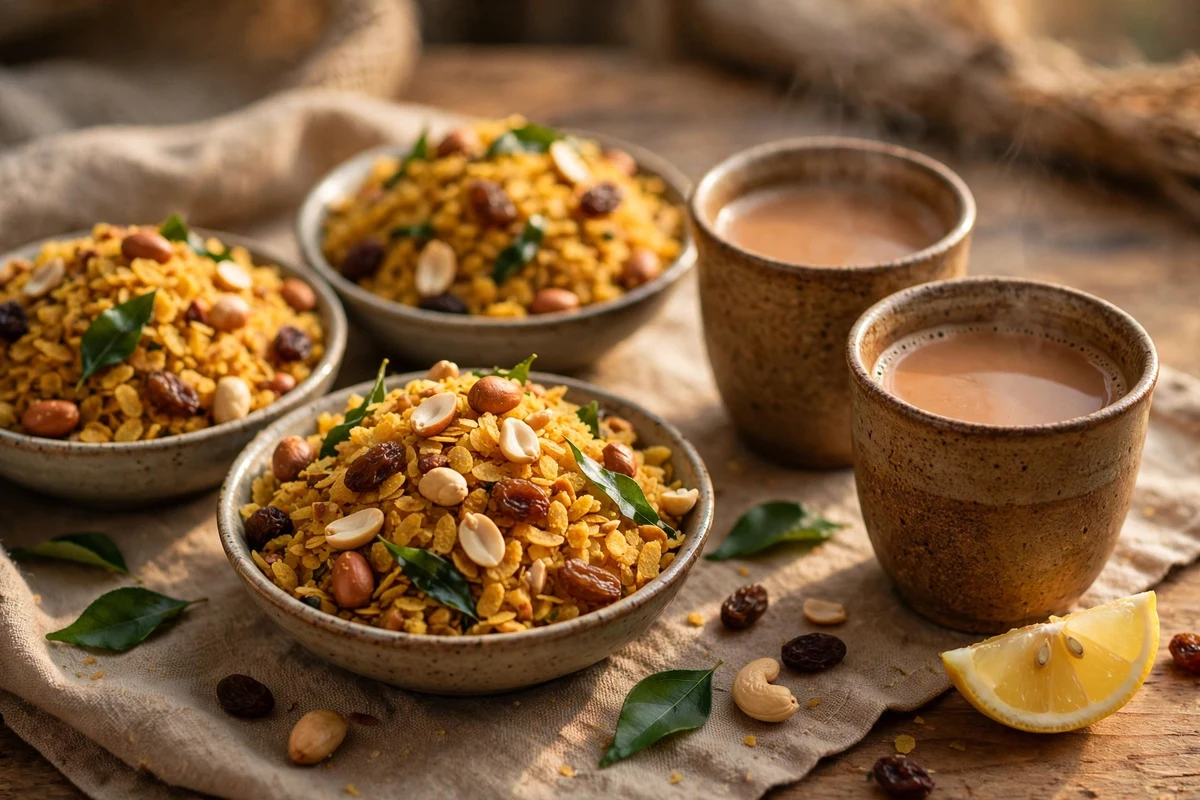 Poha chivda served with masala chai