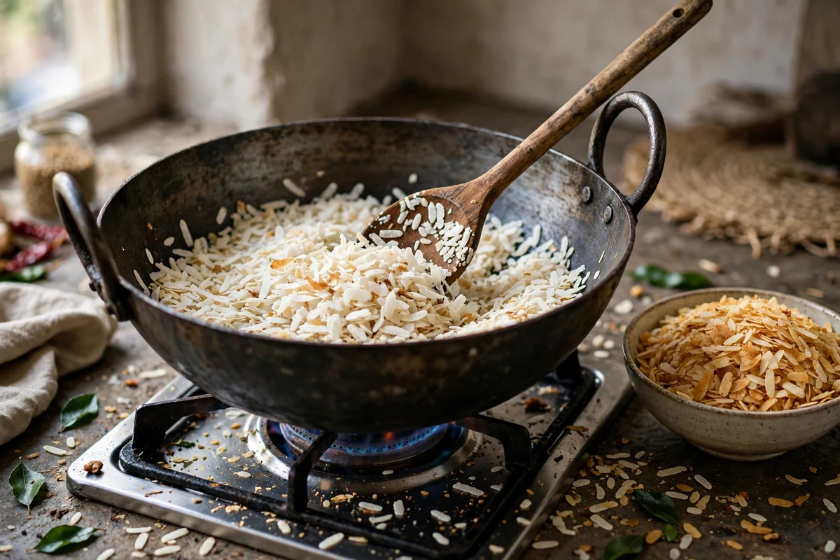 Thin poha being dry-roasted in a kadai until crisp
