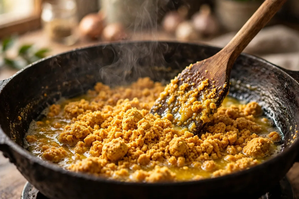 Roasting besan in ghee in a kadhai for besan ladoo