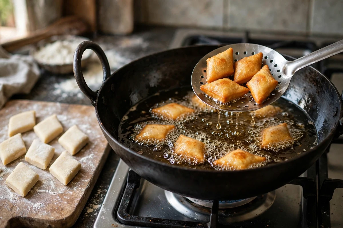 Shakarpara diamonds frying in oil until golden