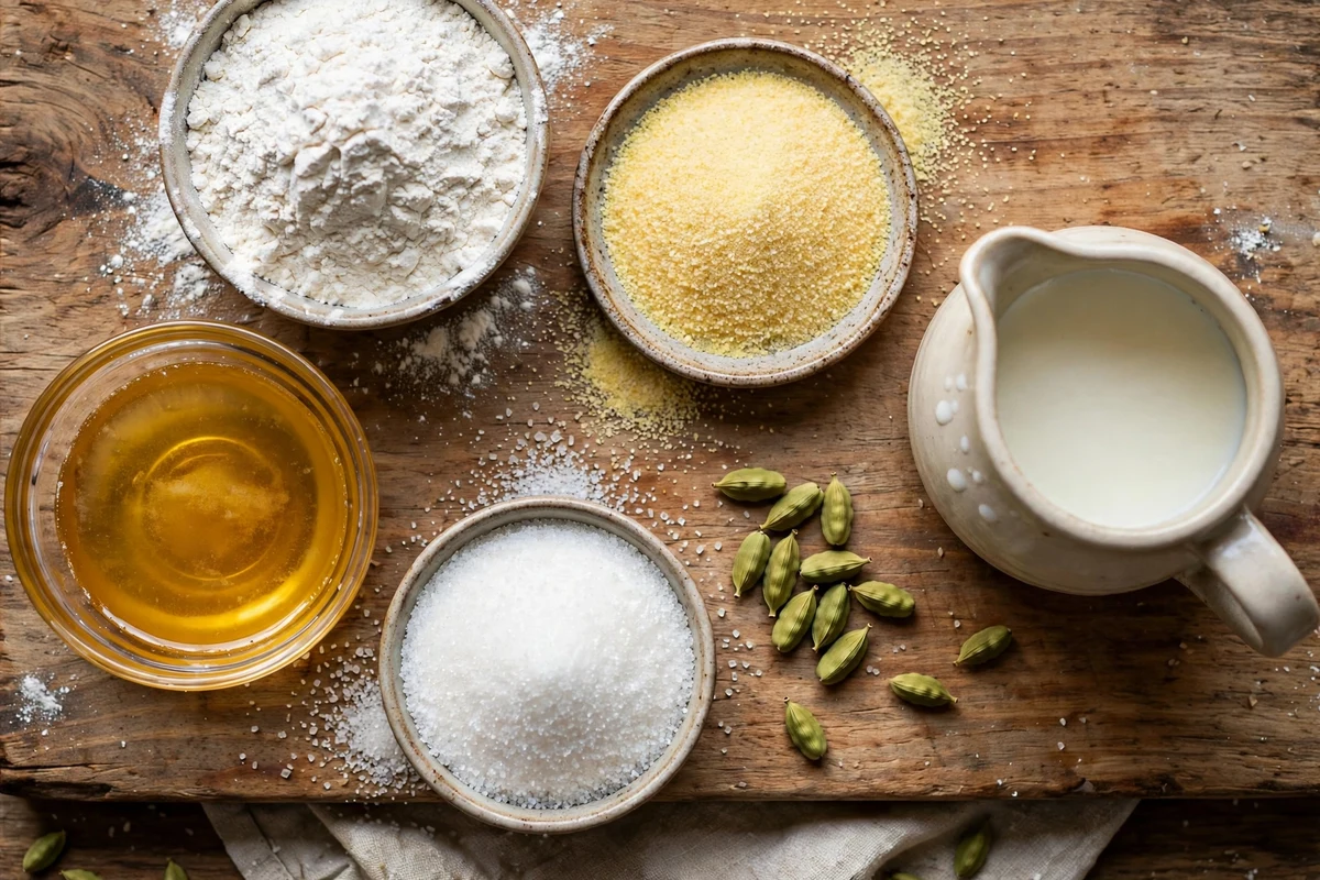 Shakarpara ingredients — flour, semolina, ghee, sugar and cardamom