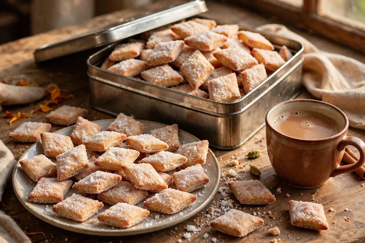 Finished shakarpara stored in a tin, served with chai