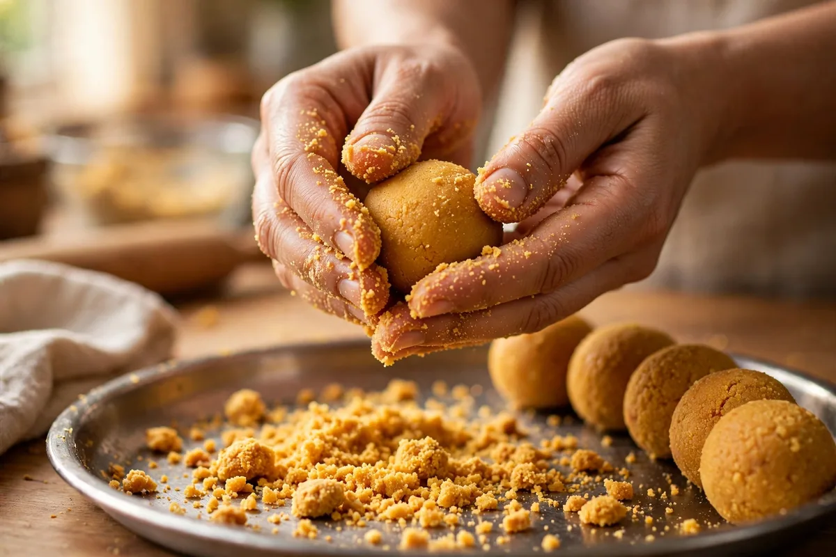 Shaping besan ladoo by hand from roasted gram flour mixture